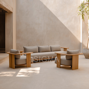 Conjunto de Sofás Seccionales en Forma de L para Exteriores de Teca, Diseño Moderno Resistente a la Intemperie, Tapicería de Tela, Muebles de Patio, Certificación CE - Product Image 4