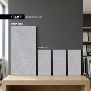 Azulejos de porcelana cerámica Nano Glossy Lucia Grey de 800x1600 mm, diseño contemporáneo de piedra gris para interiores de proyectos. - Product Image 1