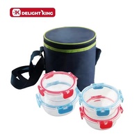 Ensemble de 3 boîtes à lunch circulaires en verre isolées, sac à lunch / récipient alimentaire compatible micro-ondes, couvercle écologique, logo de couleur personnalisé