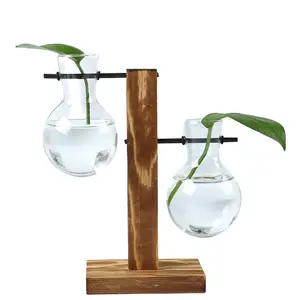 فازة زجاجية صغيرة للزينة وقابلة لإعادة الاستخدام تُوضع على الطاولة حامل خشبي على شكل مصباح فازة زينة منزلية للزراعة المائية