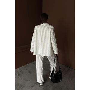 Conjunto de Traje para Mujer con Rayas Blancas, Pantalones Anchos de Tela de Lana, Blazer Holgado, Ropa de Oficina, Atuendo Formal - Product Image 1