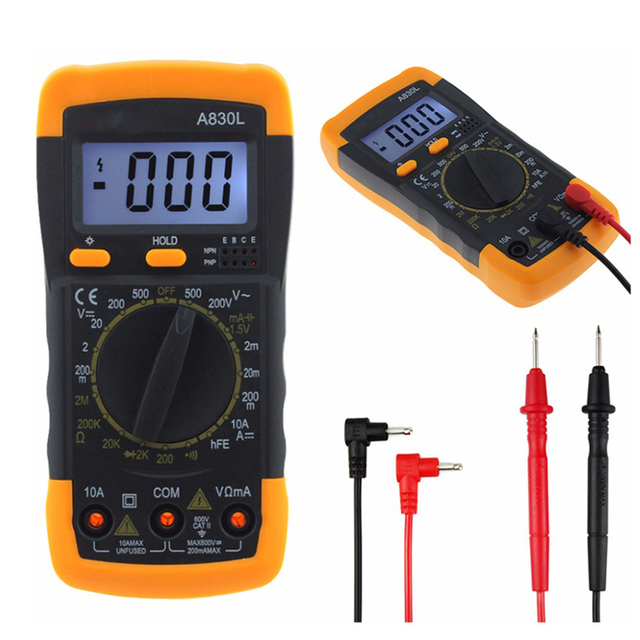 A830L 6 in 1 Digital Multimeter Luminous Display Buzzer Function Tester for AC/DC Voltage Current Diode Capacitance Temperature