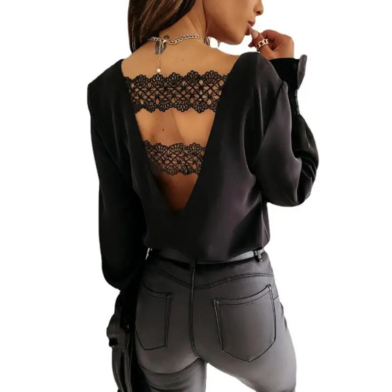 Chic Back V-shaped Hollow Lace Stitching Pullover White Blouse Fashion Sexy V-neck Spring Autumn Long-sleeved Shirt