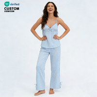 Ensemble de pyjama confortable en coton pour femme Beefey, avec haut caraco et pantalon à taille élastique, motif gingham, logo frontal