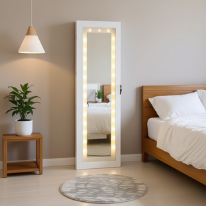 Gabinete de Joyería con Luz LED, Montado en la Pared, con Espejo con Cerradura, Blanco, Rectangular, MDF, Diseño Minimalista, Alimentado por Enchufe - Product Image 2