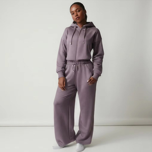 OEM Heavyweight Cotton Women Custom Logo Two Piece <b>Set</b> Luxury Lounge Wear Dusty Zip Up Hoodie and Wide Leg Baggy Sweatpants <b>Set</b> - Product Image 2