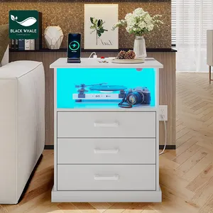 Phòng khách hiện đại cao Trắng Led giường bên cuối bảng cạnh giường ngủ 3 ngăn kéo đầu giường màu đen với cổng Trạm Sạc - Product Image 1