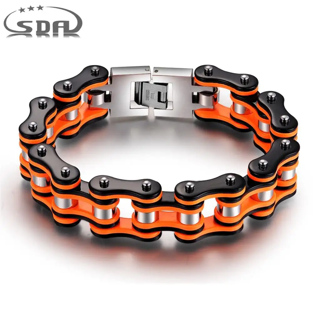 Hot Selling Popular Orange black titanium steel latest bike chain bracelet for men High Quality Punk Rock Man Jewelry