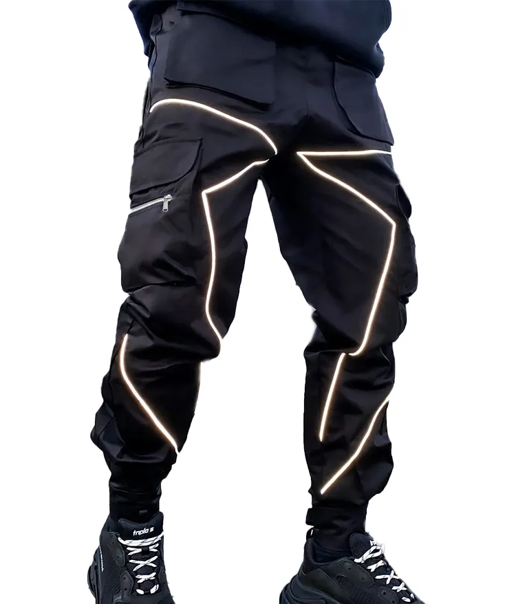 Custom Reflective Plus Size Men's Hip Hop Jogger Trousers Tactical Cargo Track Pant Black Reflective Cargo Pants With Pockets