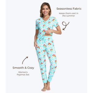 Ensemble de pyjama pour femmes, col en V, manches courtes, pantalon de jogging, vêtements de nuit, vêtements de détente, tissu tricoté doux, ensemble deux pièces - Product Image 4