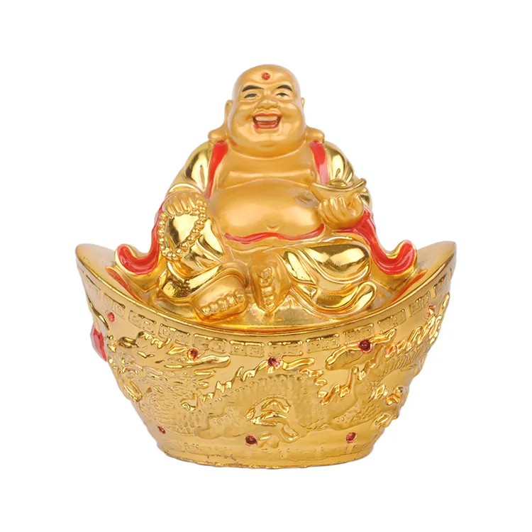 24k Oro Resina Figurine fortunato Ridere Statua di Buddha Lingotti di lavori di posa in Cinese, drago e fenice decorazione