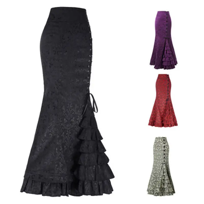 Women Gothic Punk Style Retro Mermaid Skirt Vintage Long Bodycon Ruffle Temperament Fishtail Skirt