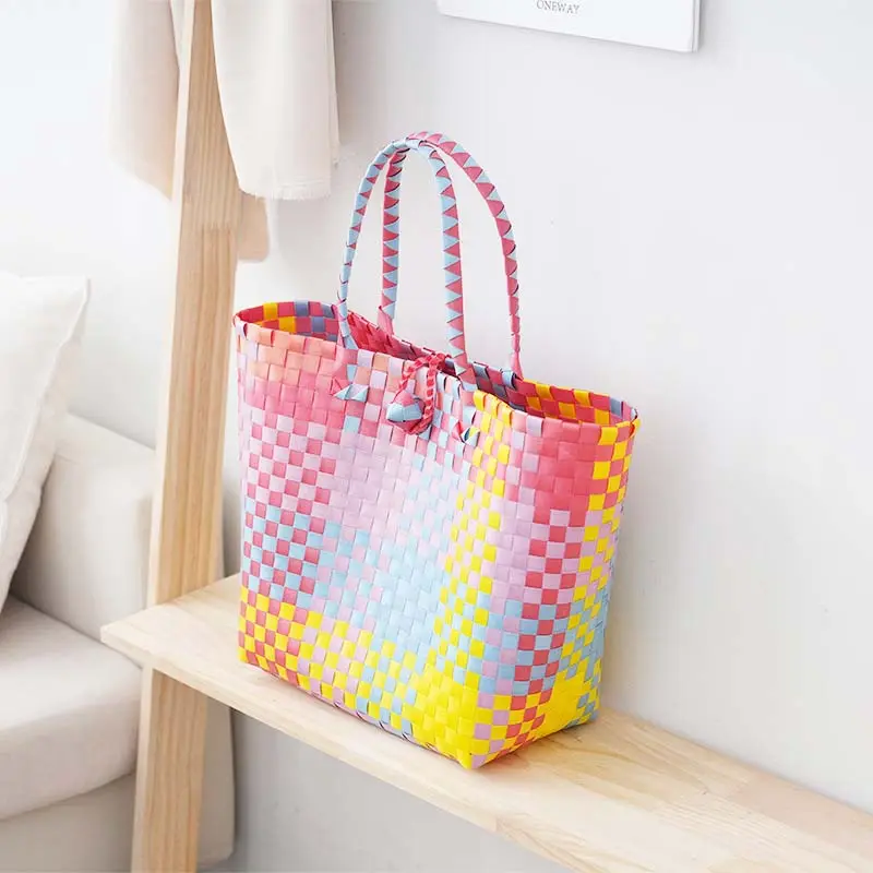 Zomer Strandmand Tas Capaciteit Zware Handgemaakte Geweven Pp Plastic Handtas Groene Plaid Checks Tote Shopping