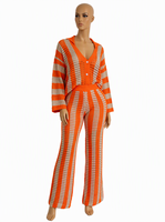 Ensemble pull en maille boutonné et pantalon large pour femme, collection automne 2026, tricot ajouré, deux pièces tendance, vente chaude