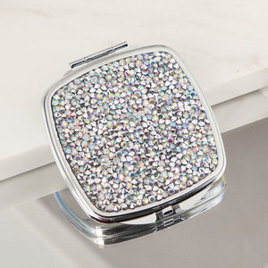 Bling Rhinestone <b>Square</b> Compact <b>Mirror</b> Rounded Edge Silver Electroplated Metal Frame Dual Sided HD Glass Pocket <b>Mirror</b> - Product Image 3