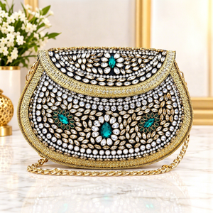 Handcrafted Metallic Kundan Embroidered Mini Flap Closure Crossbody <b>Clutch</b> Purse with Chain Strap for Wedding Party Women - Product Image 1