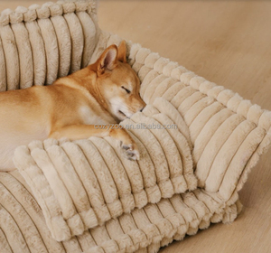 사용자 정의 로고 푹신한 개 소파 침대 목 관리 베개 스트라이프 디자인 빨 쉬운 청소 작은 고급 개 침대 겨울 - Product Image 3