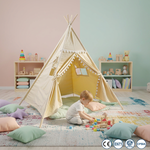 Tienda de campaña tipi para niños de lona de algodón de doble capa con borde de pompones, juego de cinco piezas con tapete, <span class=keywords><strong>casa</strong></span> de juegos para interior y exterior, segura según CE EN71 CPSIA - Product Image 1