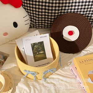 Cotton Woven <b>Storage</b> <b>Basket</b> With Lid Round Yellow <b>Large</b> Capacity Toy Organizer Desktop <b>Storage</b> Box For Children - Product Image 3