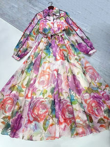 Vestido de Fiesta Siciliano AELESEEN para Mujer, Primavera Verano, Manga Larga, Encaje con Cuentas, Cuello Camisero, Cintura Natural, Estampado Floral, Corte en A - Product Image 4