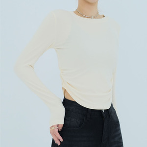Top de mezcla modal de textura arrugada de manga larga con cuello redondo de tacto de seda, blusa minimalista de oficina a cena con aberturas laterales - Product Image 3