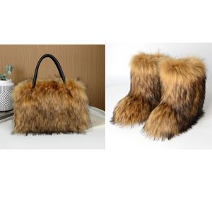 Mesdames Crossbody Winter Clutch Handbag Plush Soft Fur Shoulder Tote Bag And Ankle Snow Boots Set Women Calf Snow Boots - Product Image 6
