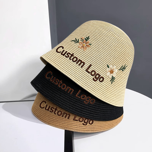 Custom Logo Straw Bucket <b>Hat</b> Bulk Women's Summer <b>Sun</b> Cap Bell-shaped Minimalist <b>Ladies</b> Straw <b>Hats</b> with Wholesale - Product Image 1