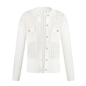 OEM White Blouse <b>Cardigan</b> de mujer sueteres para mujer Organic Cotton Sweater Women Hollowed Out Knitted <b>Cardigan</b> - Product Image 1