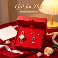 Ensemble cadeau de luxe pour femmes, 3 pièces, montre en cristal, collier de perles, bague, pour femmes, cadeau de la Saint-Valentin, anniversaire