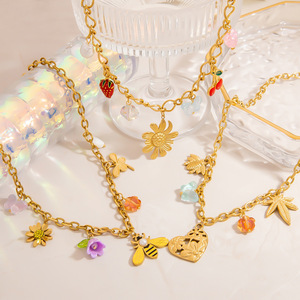 Collier pendentif abeille en acier inoxydable, chaîne de clavicule en pierre naturelle colorée, bijoux de mode - Product Image 2