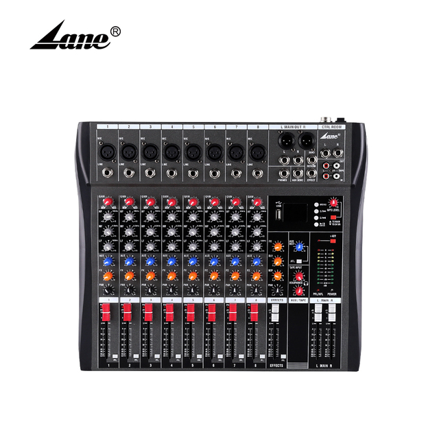 Lane CT-80L Factory Wholesale Small 8 Channel XLR DJ Equipment USB Interface Audio Sound Mixer Blue Tooth Console with Phantom P