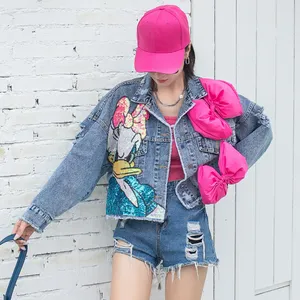 Áo Khoác Denim Cho Nữ Áo Khoác Đường Phố Kim Sa Hoạt Hình Mới Mùa Xuân Thu Áo Khoác Jean Dáng Rộng Dài Tay Cho Nữ