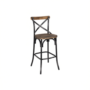 Tabouret de bar antique en métal noir avec assise en chêne et dossier croisé pour usage commercial - Product Image 1