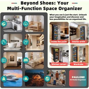 Over Door <b>Shoe</b> Organizer 20 Pairs Black Fabric Storage Rack With <b>Hooks</b> For Behind Door Wall Mount Use - Product Image 6