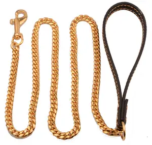 Coleira de couro de aço inoxidável, corrente cubana dourada de alta qualidade para animais de estimação