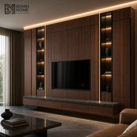 Meuble TV moderne de luxe léger en bois massif, unité murale intégrée avec tours de présentation en verre noyer foncé et plateau en pierre, OEM