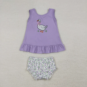 Ensemble de vêtements pour bébés filles, robe violette sans manches avec broderie florale et nœuds en forme de canard - Product Image 2
