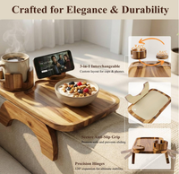 Plateau pliable en bois d'acacia et bambou pour accoudoir de canapé avec support de téléphone rotatif, portable, à un seul niveau, pour la maison et la cuisine