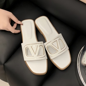 Sandalias Planas de Cuero Blanco para Mujer, Estilo Lujoso, Punta Cuadrada, Detalle Metálico Dorado, Ligeras y Transpirables, para Verano - Product Image 1