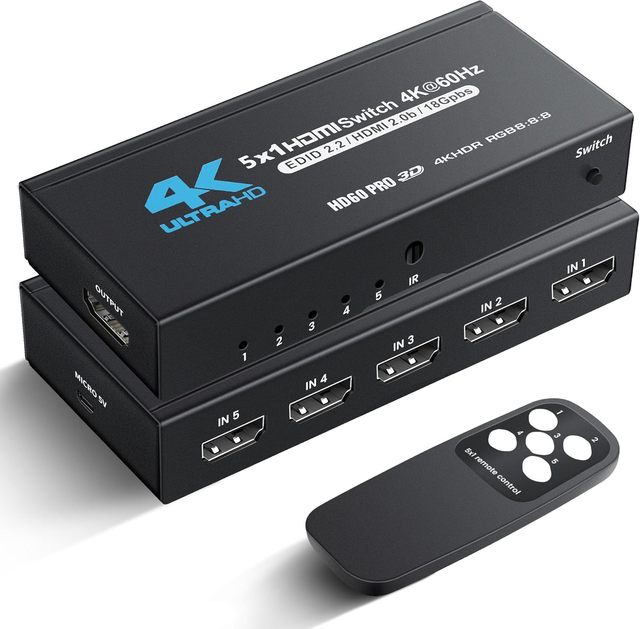 SYONG HDMI Switch 4K60Hz 5*1 with IR Remote Iron Shell Support HDMI2.0b, Dolby Vision, HDR10 for Xbox, PS5/4, Roku, Fire Stick