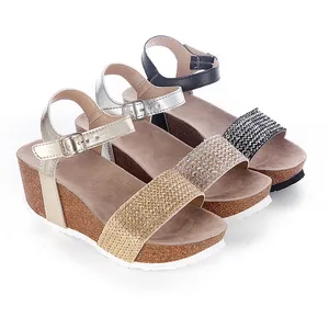 2024 Zomer Dames Sleehak Sandalen Kurk Sleehakken Schoenen Gesp Bandje Sandalen Met Hoge Hak Glanzend Metallic Schoeisel Voor Dames