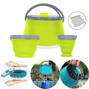 Outdoor Camping Silicone Folding Kettle Cup Set Portable Collapsible Boiling Cooker Water Pot Drinking Cups Bowl Tableware