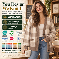 Grosir Pabrik Sweater Cardigan Wanita Motif Kotak-kotak Ukuran Besar Kerah V Kancing Depan Rajutan dengan Saku Logo Kustom OEM ODM