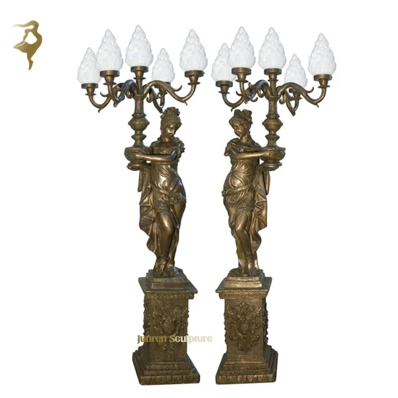 Luxo cor dourada indoor par metal senhora escultura bronze lâmpada estátua