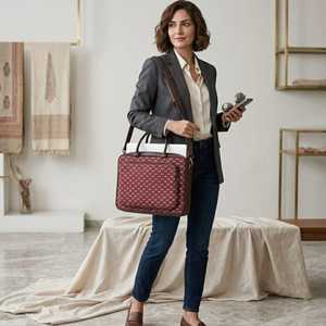 Burgundy Block Print Laptop Bag 16 Inch Handmade Cotton Office Messenger Bag Professional Work Tote - Product Image 1
