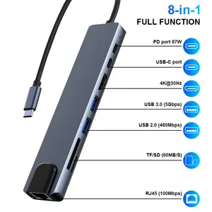 الأكثر مبيعًا منفذ توصيل متعدد 8 في 1 USB Type-c 4K @ 30Hz SD TF rj45 محول متعدد الوظائف من النوع C HUB للكمبيوتر المحمول للفوز