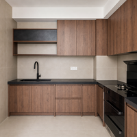 Meubles de cuisine modernes sur mesure, style minimaliste en forme de L, en bois de noyer, unité de cuisine modulaire avec évier pour la maison