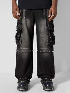 Pantaloni <span class=keywords><strong>jeans</strong></span> da <span class=keywords><strong>uomo</strong></span> di alta qualità a gamba dritta allentato con tasca multi design nero <span class=keywords><strong>grigio</strong></span> con catena lavata per unghie <span class=keywords><strong>jeans</strong></span> da <span class=keywords><strong>uomo</strong></span> - Product Image 4