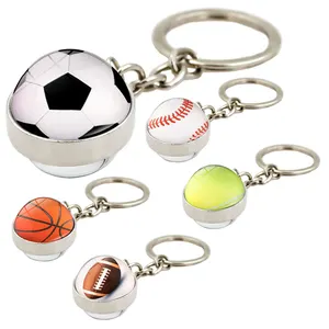 时尚玻璃球钥匙扣足球篮球棒球排球高尔夫网球橄榄球垒球吊坠钥匙扣金属钥匙扣