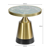 Table basse commerciale en pierre frittée avec base en acier inoxydable robuste pour café et restaurant.